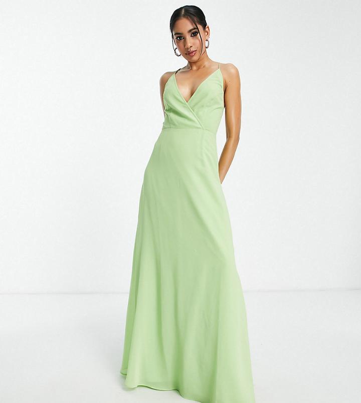 Asos Design Petite Cami Wrap Maxi Dress With Lace Up Back-green