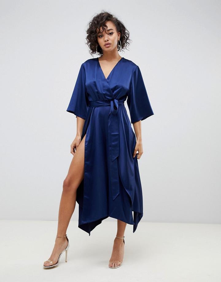 Asos Design Jumpsuit With Wrap Front And Hanky Hem In Satin - Navy