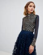 Lace & Beads Embellished Long Sleeve Crop Top With Mandarin Collar In Navy - Navy