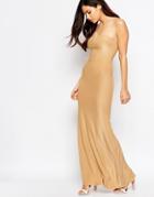 Ax Paris Maxi Dress In Slinky With Notch Front - Camel