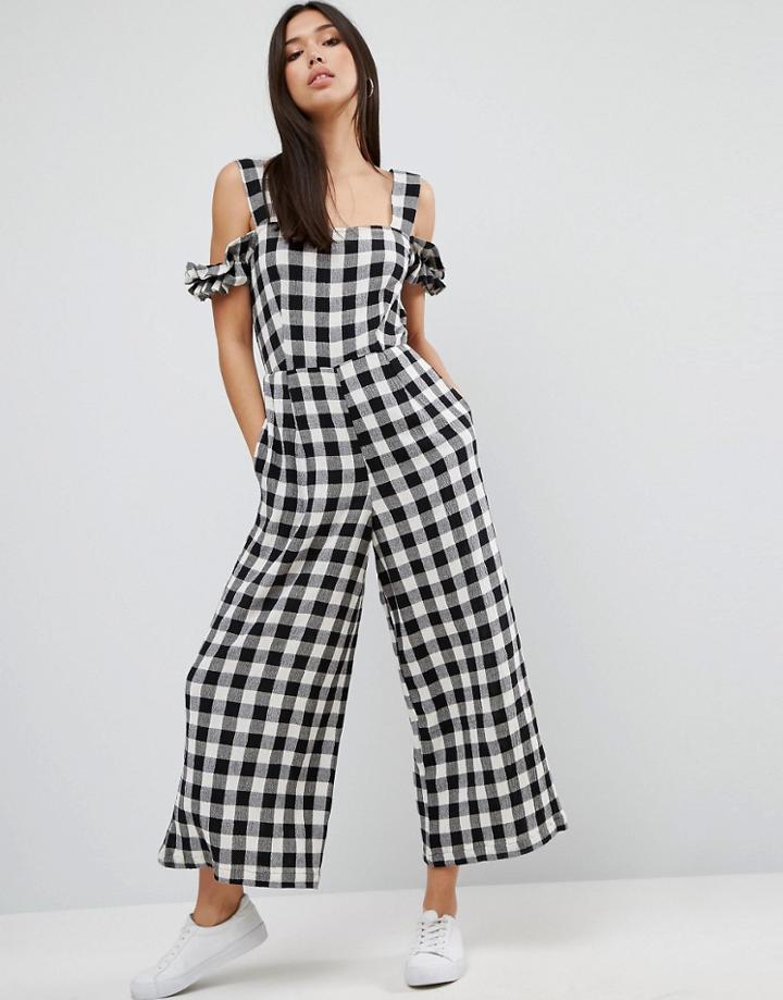 Asos Jumpsuit In Gingham With Cold Shoulder Detail - Black