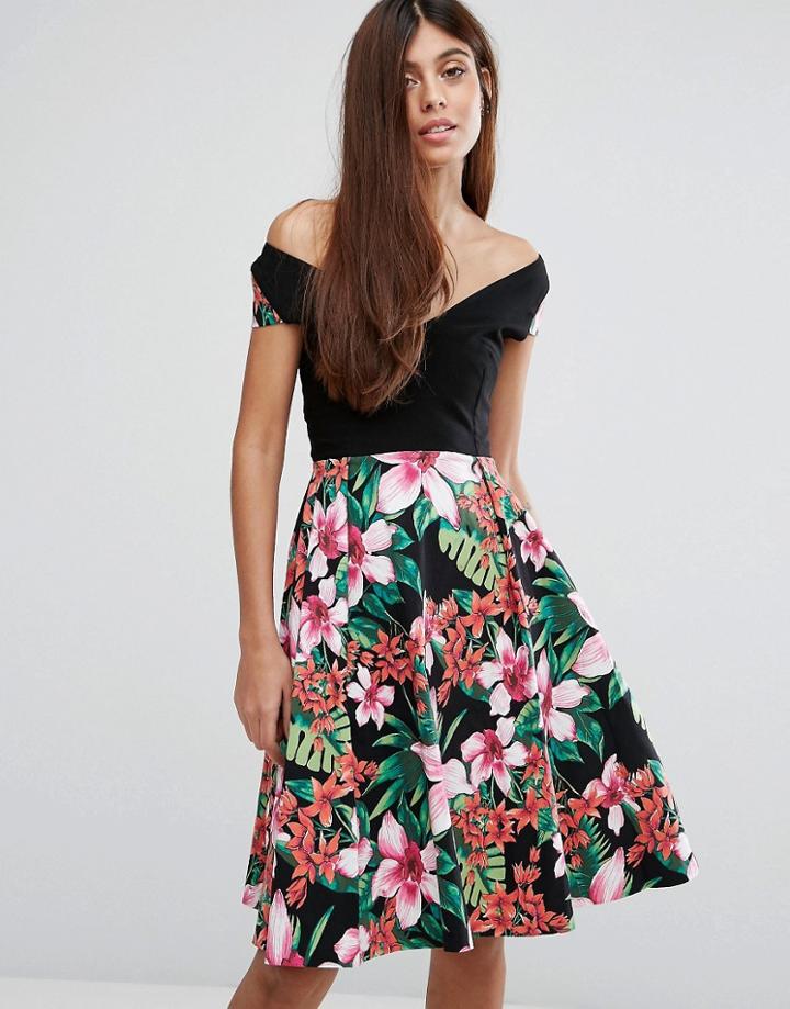 Vesper Floral Print Bardot Skater Dress - Black