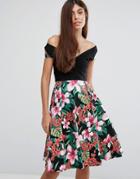 Vesper Floral Print Bardot Skater Dress - Black