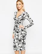 Club L Wrap Front Midi Dress In Bold Mono Floral - Black