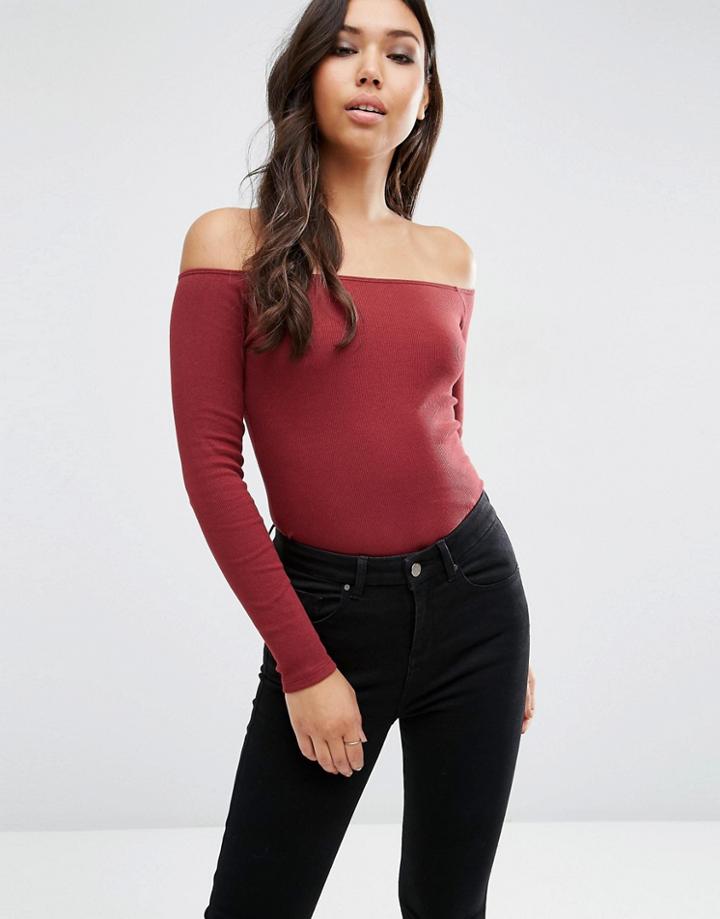 Asos Long Sleeve Off Shoulder Top In Rib - Red