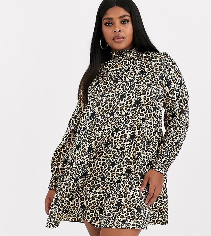 Simply Be High Neck Swing Dress In Leopard And Star Print-multi