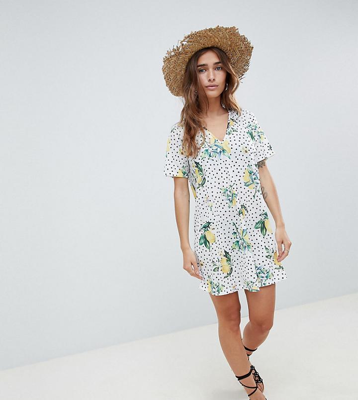 Asos Design Petite Lemon Conversational Print V Neck Swing Dress - Multi