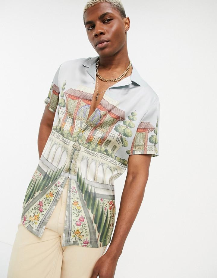 Asos Design Deep Revere Shirt With Palace Scene Print In Satin-blues