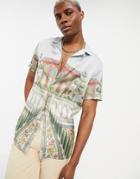 Asos Design Deep Revere Shirt With Palace Scene Print In Satin-blues