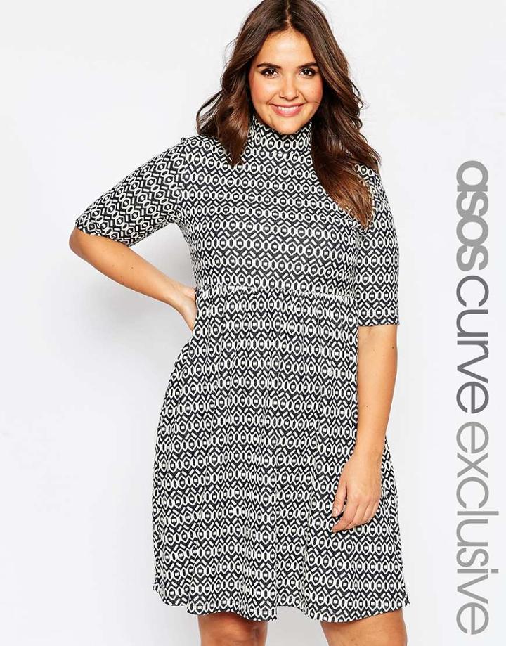 Asos Curve High Neck Skater Dress In Jersey Jacquard