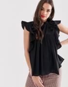 Asos Design Linen Ruffle Top With Lace Up Detail - Black