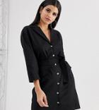 Asos Design Tall Mini Shirt Dress With Belt In Linen-black