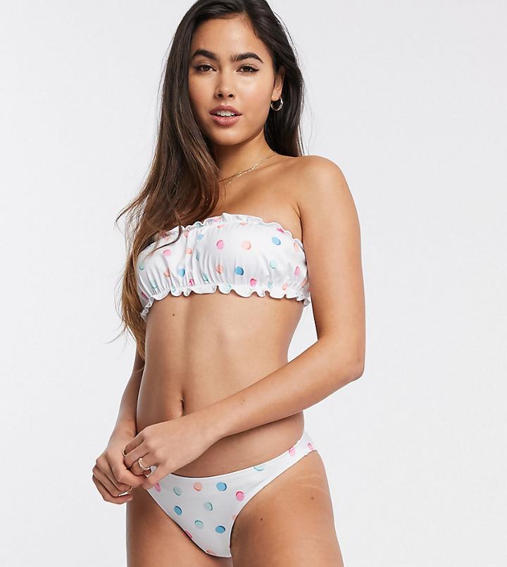Miss Selfridge Ruffle Bandeau Bikini Top In Multi Polka Dot