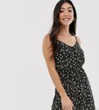 New Look Petite Button Through Strappy Romper In Floral Pattern - Black