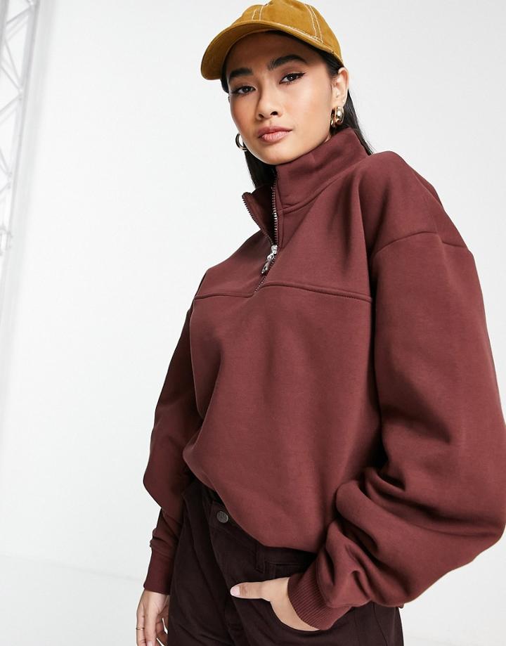 Asos Design Oversized Half Zip Sweatshirt In Brown