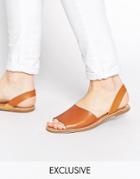 Pieces Exclusive Tan Leather Slingback Flat Sandals - Tan