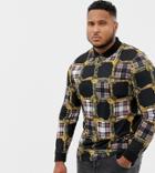 Asos Design Plus Long Sleeve Polo With All Over Check Panel Print-black
