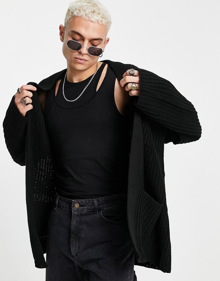 Asos Design Knitted Oversized Fisherman Rib Cardigan In Black