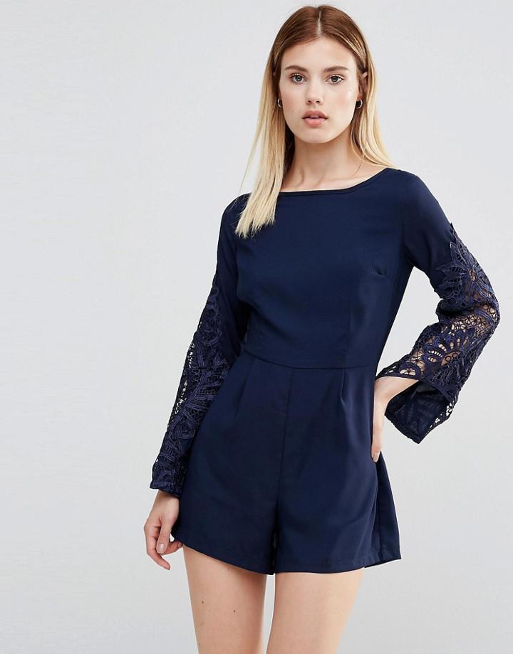 Ax Paris Lace Sleeve Romper - Navy