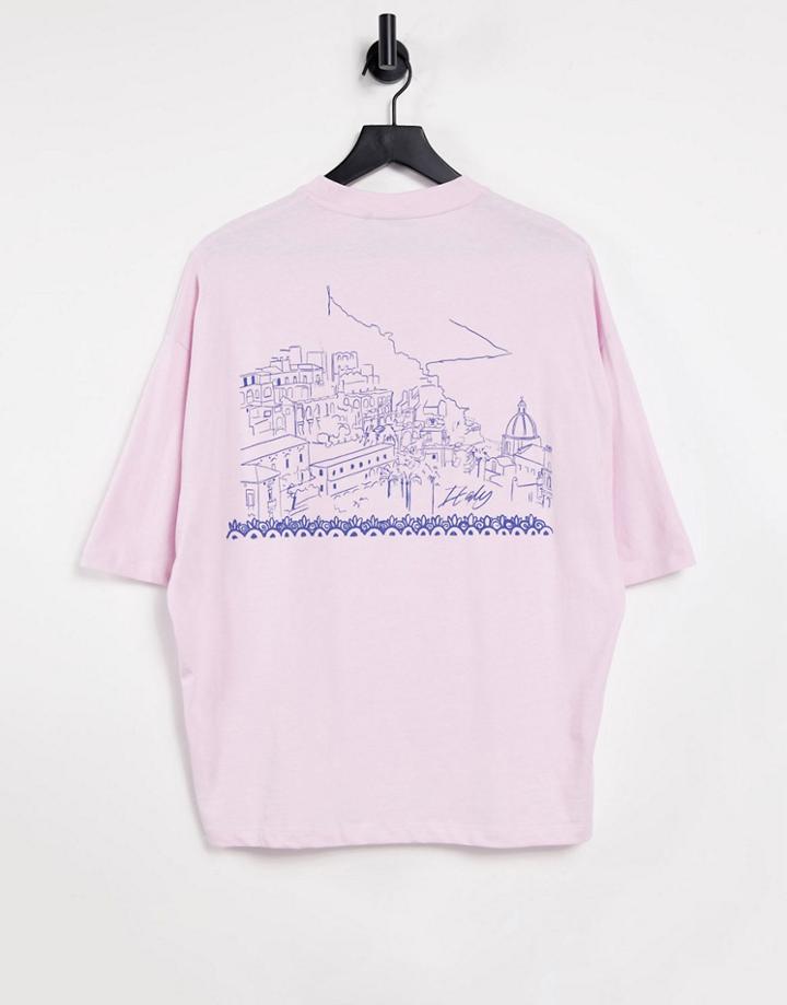 Asos Design Oversized T-shirt In Light Pink With Line Drawing Back Print-purple