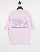 Asos Design Oversized T-shirt In Light Pink With Line Drawing Back Print-purple
