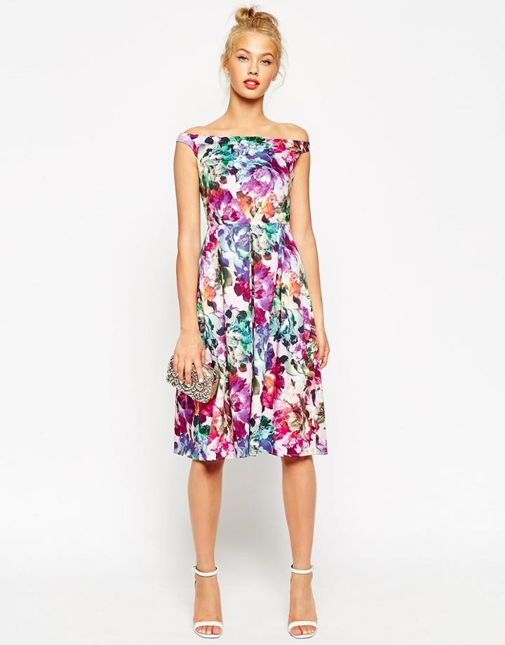 Asos Beautiful Floral Midi Prom Dress - Purple
