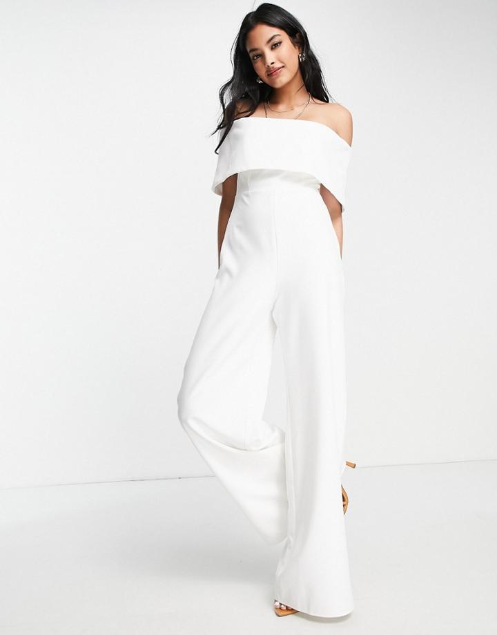 True Violet Bridal Bardot Wide Leg Jumpsuit In Ivory-white