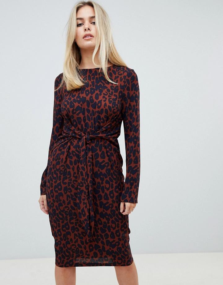 Prettylittlething Tie Front Midi Dress In Leopard - Red
