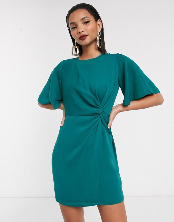 Asos Design Twist Front Mini Dress With Angel Sleeve