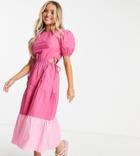 Influence Petite Puff Sleeve Tiered Contrast Midi Dress In Pink
