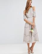 Asos Wedding Embellished Floral Cold Shoulder Midi Dress - Gray