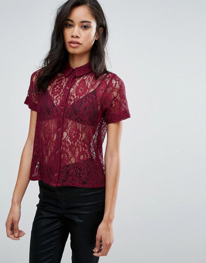 Hedonia Short Sleeve Lace Shirt - Red