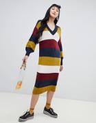 Monki V-neck Knitted Dress In Multi Stripe - Multi