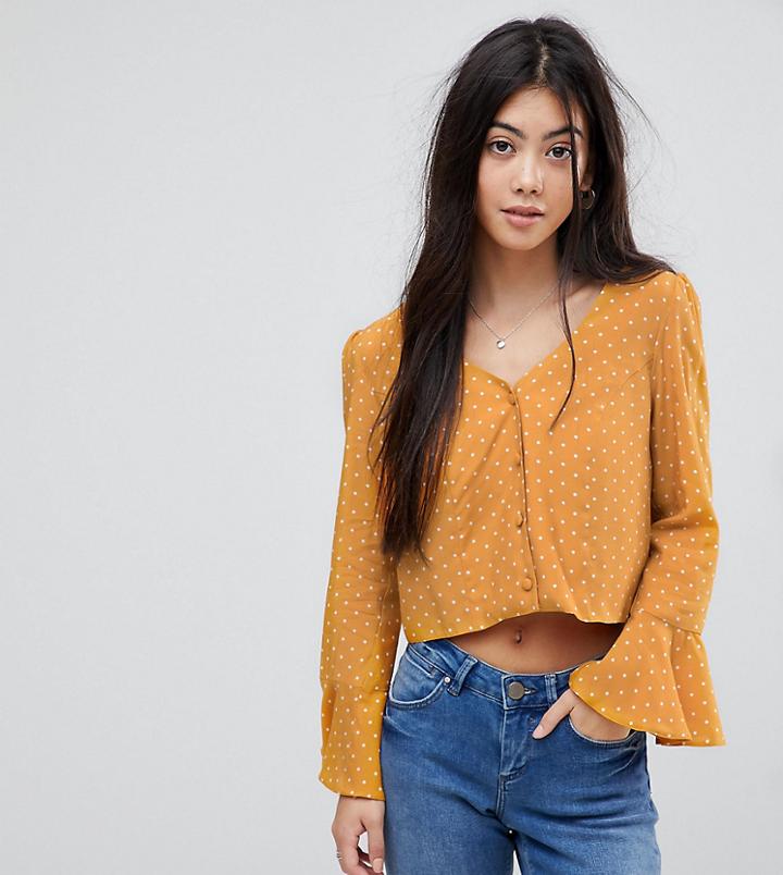 Miss Selfridge Petite Polka Dot Fluted Sleeve Top - Yellow
