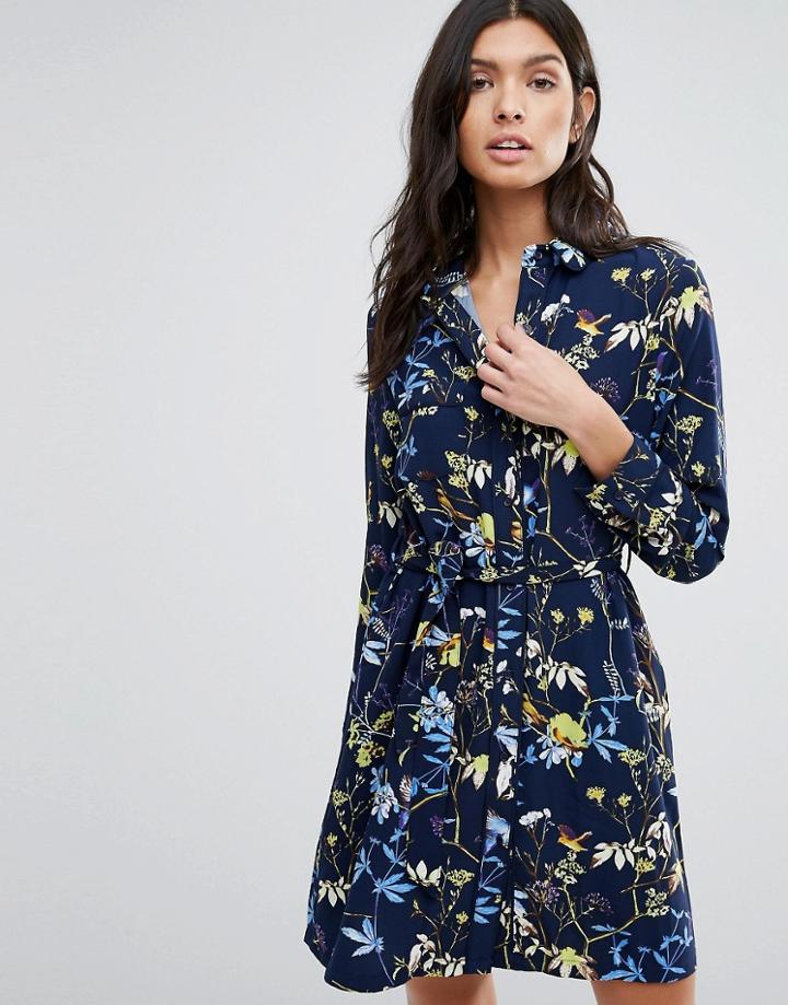 Liquorish Floral Print Long Sleeve Shirt Dress - Blue