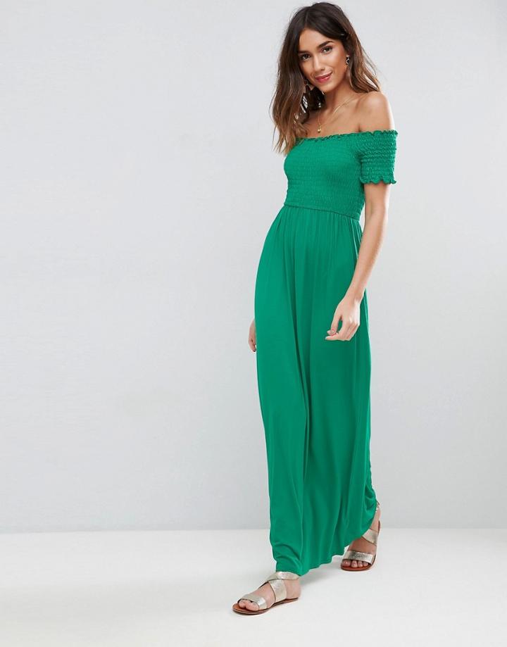 Asos Off Shoulder Maxi Sundress With Shirring - Green