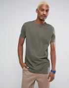 Asos Longline T-shirt With Crew Neck In Khaki - Green