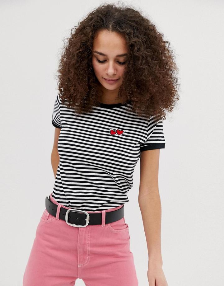 Brave Soul Dizzy Stripe Ringer Tee With Heart Emblem - Black