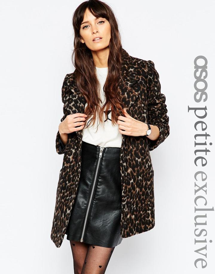 Asos Petite Coat In Leopard Print - Multi