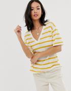 Asos Design Linen Mix T-shirt With V-neck In Stripe