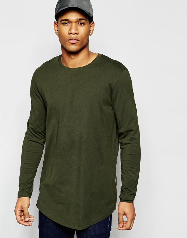 Asos Longline Long Sleeve T-shirt With Curve Hem And Zip In Green - Green