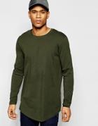 Asos Longline Long Sleeve T-shirt With Curve Hem And Zip In Green - Green