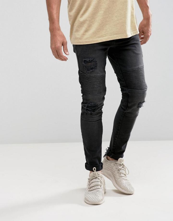 Asos Super Skinny Biker Jeans In Washed Black With Rips - Black