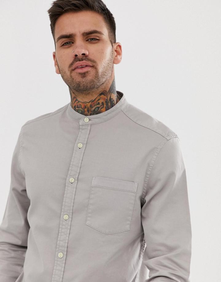 Asos Design Stretch Slim Denim Shirt In Gray With Grandad Collar