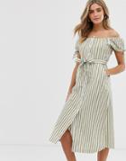 Miss Selfridge Off The Shoulder Midi Dress With Button Through Detail In Green Stripe - Multi