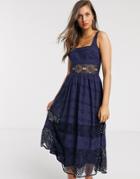 Asos Design Square Neck Midi Prom Dress In Broderie With Lace Insert-navy