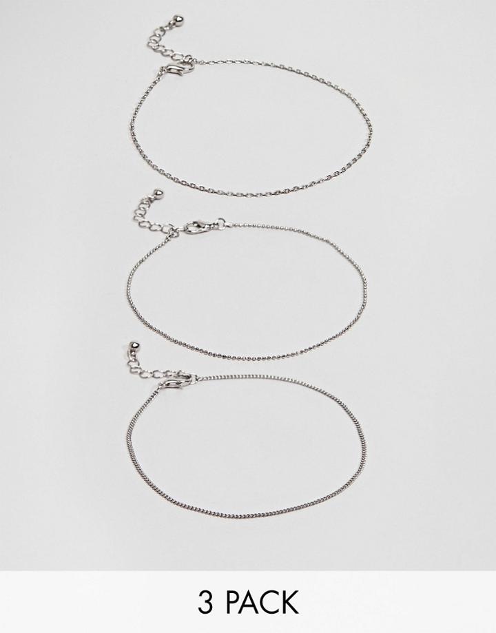 Asos Design Pack Of 3 Minimal Mixed Chain Anklets - Silver
