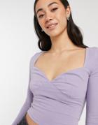 Asos Design Sweetheart Top With Ruched Bust And Long Sleeves In Lilac-purple