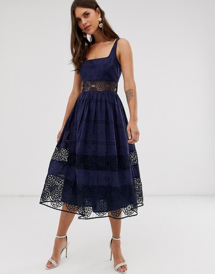 Asos Design Square Neck Midi Prom Dress In Broderie With Lace Insert