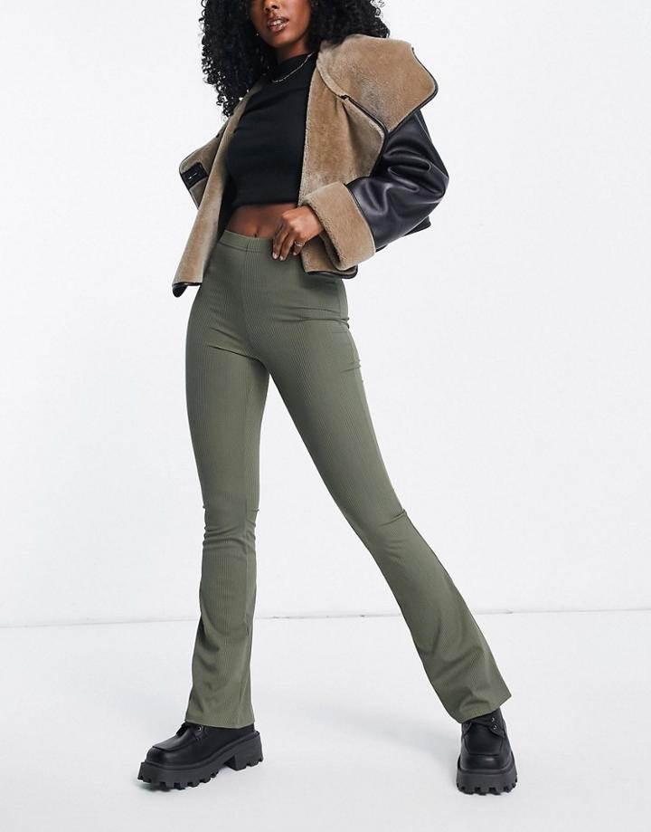 Topshop Skinny Rib Flared Pant In Olive-green